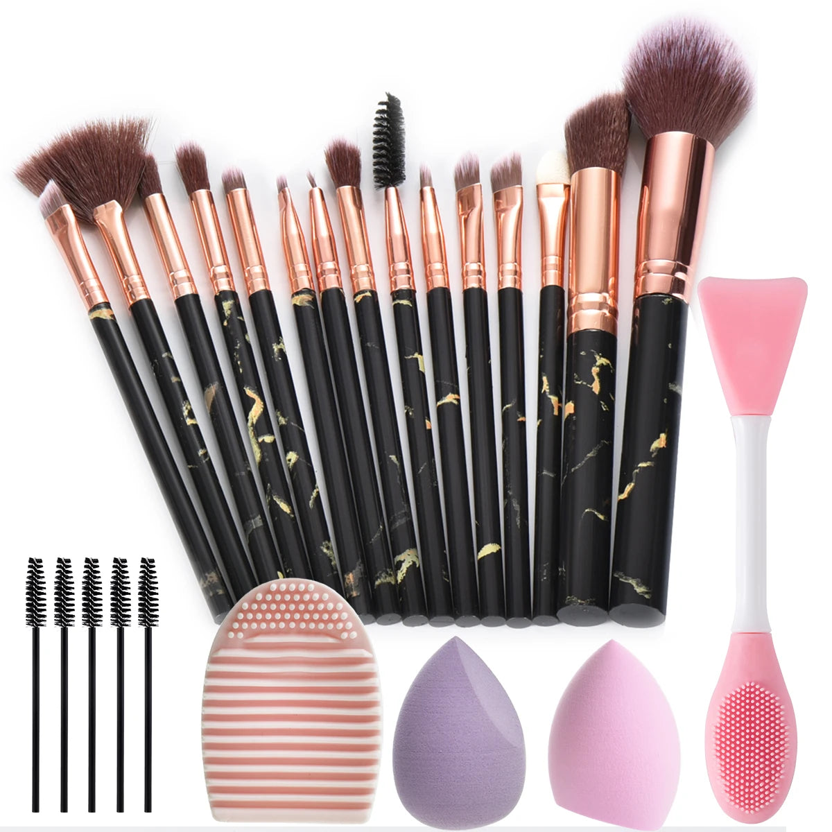 Ensemble de pinceaux de maquillage en marbre, 15 pièces, avec éponges de maquillage, brosse de lavage du visage, pinceaux de maquillage, outils de maquillage