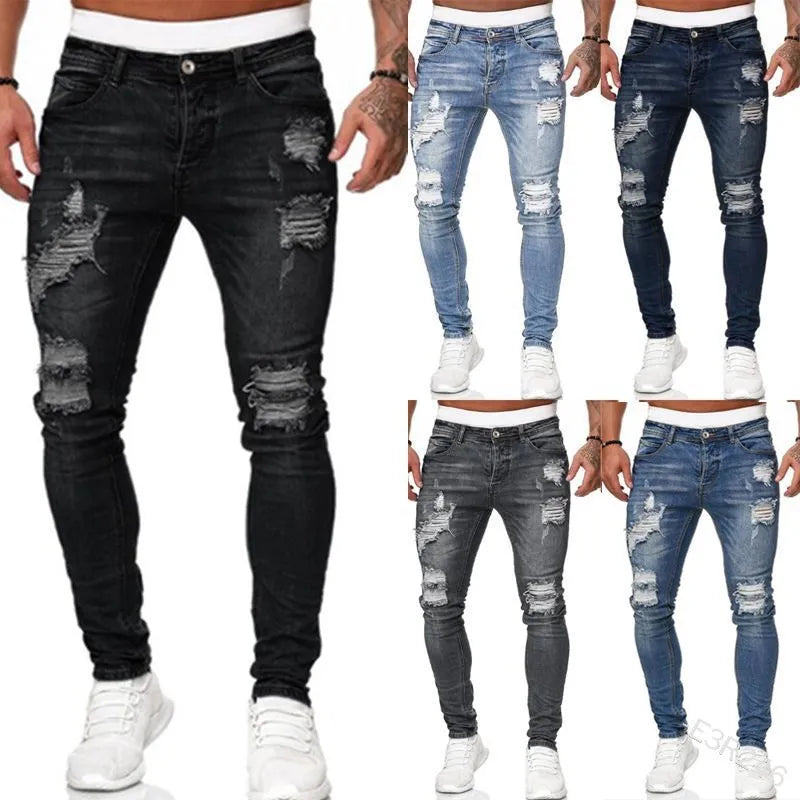 2025 New Fashion Street Style Ripped Skinny Jeans Men Vintage wash Solid Denim Trouser Mens Casual Slim fit pencil denim Pants