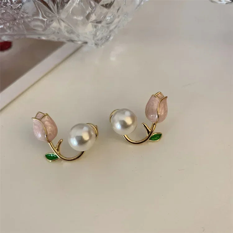 Boucles d'oreilles en forme de fleur de tulipe en émail pour femmes, bijoux de mariage, de tempérament coréen, en Zircon, suspendus au dos