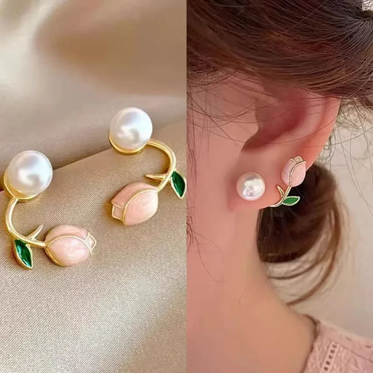 Boucles d'oreilles en forme de fleur de tulipe en émail pour femmes, bijoux de mariage, de tempérament coréen, en Zircon, suspendus au dos