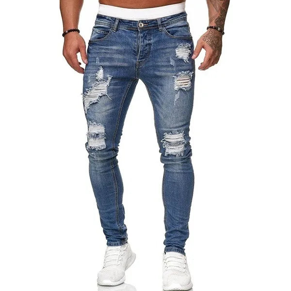 2025 New Fashion Street Style Ripped Skinny Jeans Men Vintage wash Solid Denim Trouser Mens Casual Slim fit pencil denim Pants