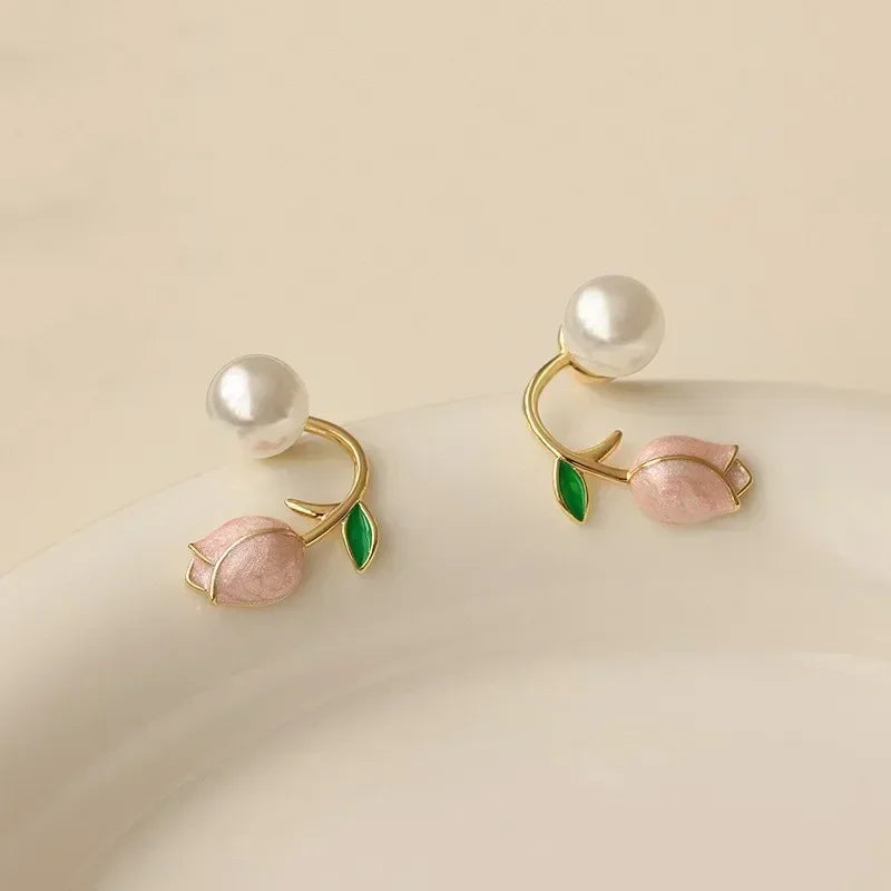 Boucles d'oreilles en forme de fleur de tulipe en émail pour femmes, bijoux de mariage, de tempérament coréen, en Zircon, suspendus au dos