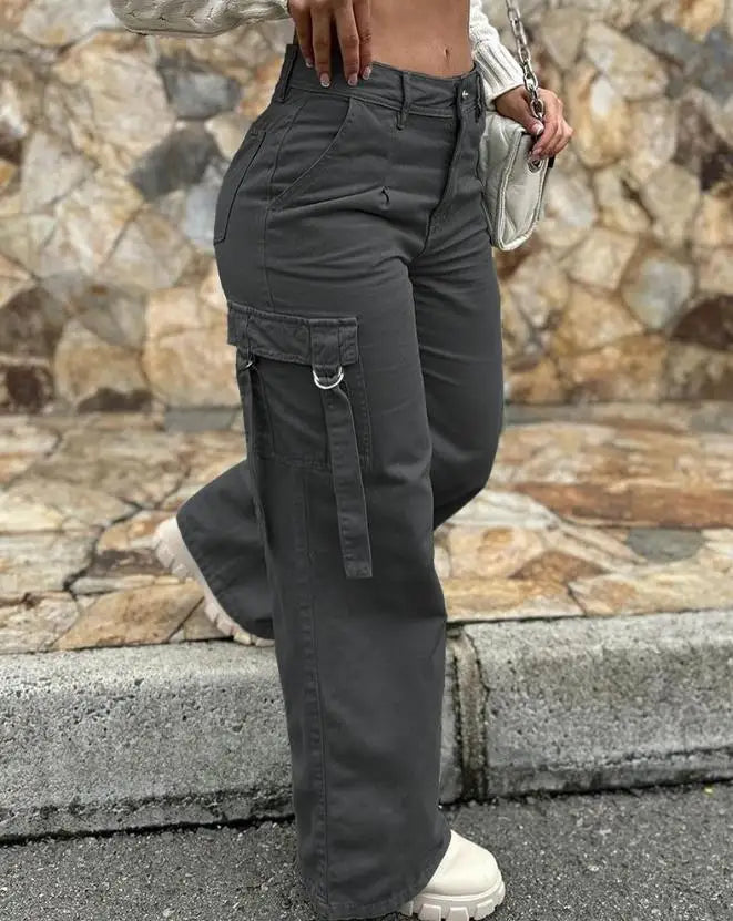 Pantalon Cargo vert avec poches, Design, taille haute, boutons, couleur unie, nouvelle mode, pantalon ample pour femmes, Streetwear, été 2025