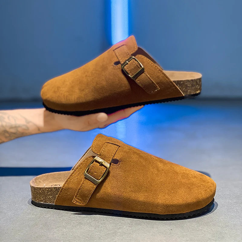 Tendances sabots pour hommes pantoufles mules en daim hommes semelle intérieure en liège sandales de maison avec soutien de la voûte plantaire chaussures de pomme de terre en cuir de mode mocassins