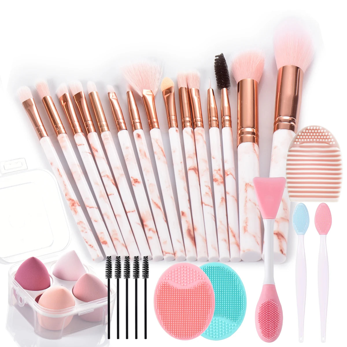 Ensemble de pinceaux de maquillage en marbre, 15 pièces, avec éponges de maquillage, brosse de lavage du visage, pinceaux de maquillage, outils de maquillage