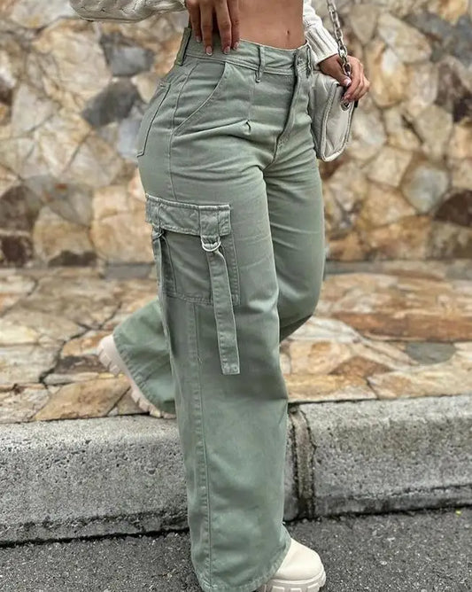 Pantalon Cargo vert avec poches, Design, taille haute, boutons, couleur unie, nouvelle mode, pantalon ample pour femmes, Streetwear, été 2025