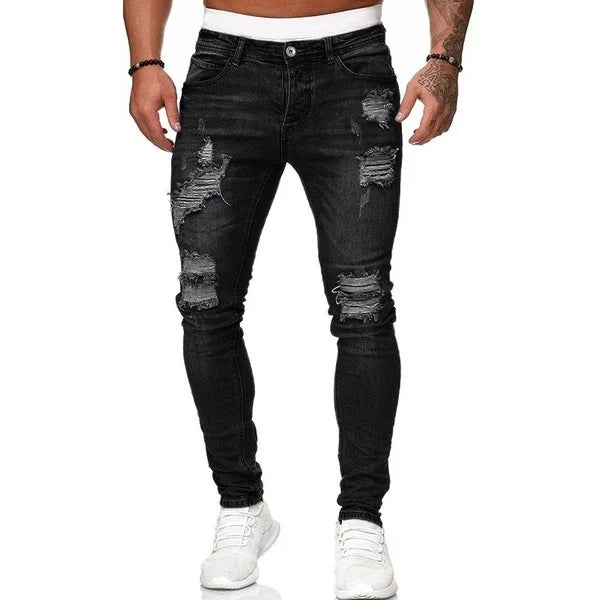 2025 New Fashion Street Style Ripped Skinny Jeans Men Vintage wash Solid Denim Trouser Mens Casual Slim fit pencil denim Pants