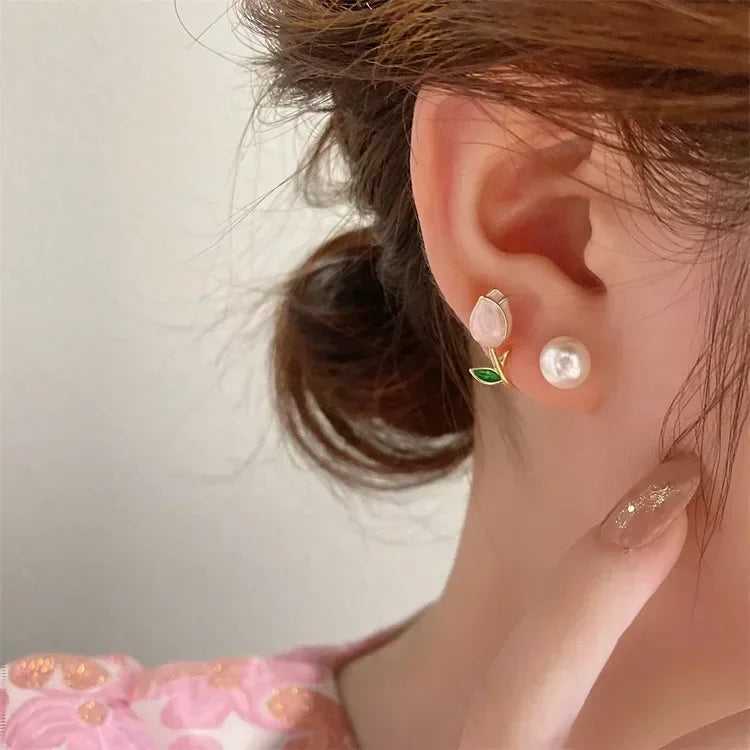 Boucles d'oreilles en forme de fleur de tulipe en émail pour femmes, bijoux de mariage, de tempérament coréen, en Zircon, suspendus au dos