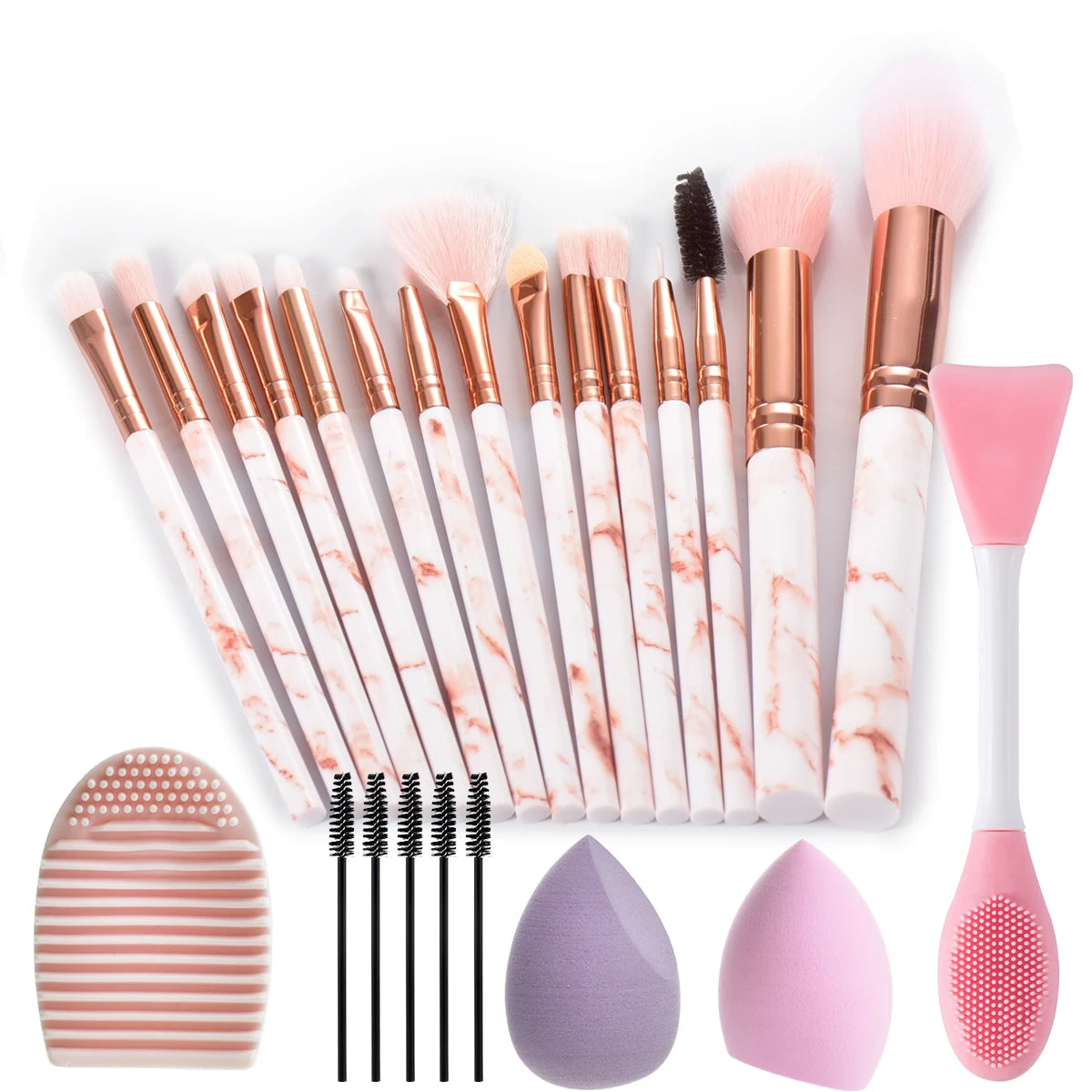 Ensemble de pinceaux de maquillage en marbre, 15 pièces, avec éponges de maquillage, brosse de lavage du visage, pinceaux de maquillage, outils de maquillage