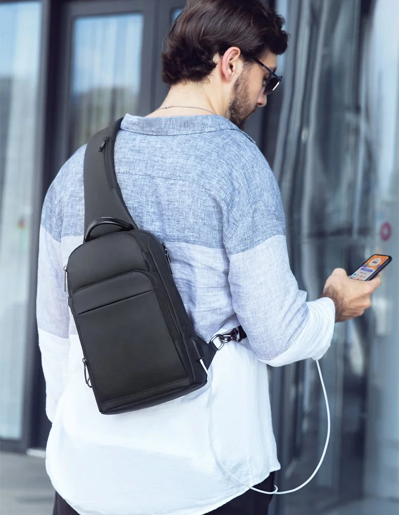 AIGO-Sac de poitrine multifonction pour homme, sac à bandoulière, chargement USB, étanche, initié à la mode, nouveau 
Poche de fente intérieure,Pochette pour téléphone portable,Pochette intérieure à fermeture éclai