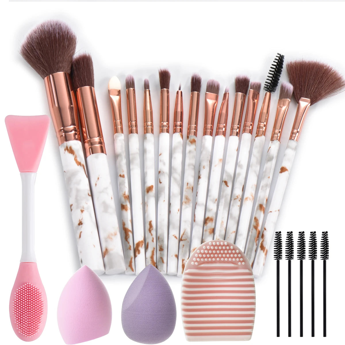 Ensemble de pinceaux de maquillage en marbre, 15 pièces, avec éponges de maquillage, brosse de lavage du visage, pinceaux de maquillage, outils de maquillage