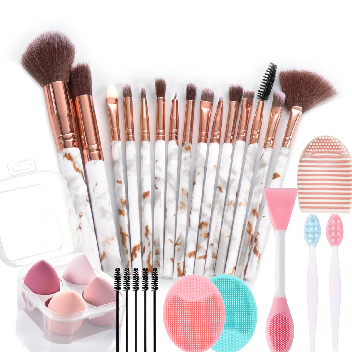 Ensemble de pinceaux de maquillage en marbre, 15 pièces, avec éponges de maquillage, brosse de lavage du visage, pinceaux de maquillage, outils de maquillage